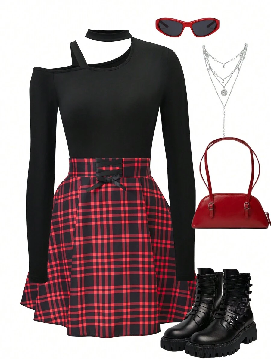 SHEIN Explorewe Set da 2 pezzi per ragazze adolescenti composto da maglietta a maniche lunghe con scollo profondo e gonna mini a quadri con fiocco, adatto per raduni e feste
