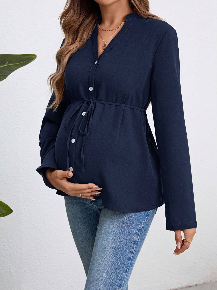 SHEIN Camisa de maternidad de manga larga, blusa con botones de color verde militar