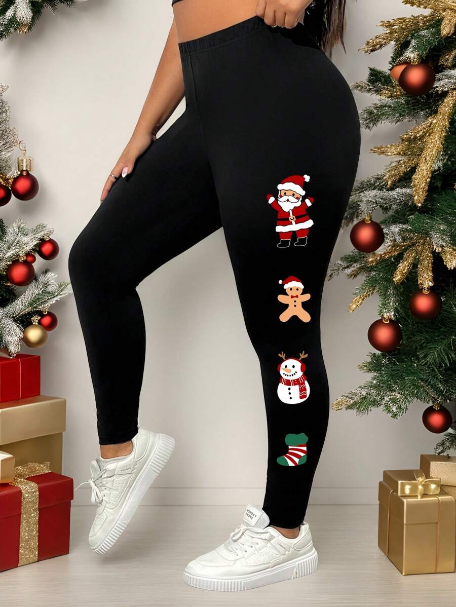 SHEIN LUNE Casual Minimalist High Waist 7/8 Length Plus Size Christmas Leggings, Black