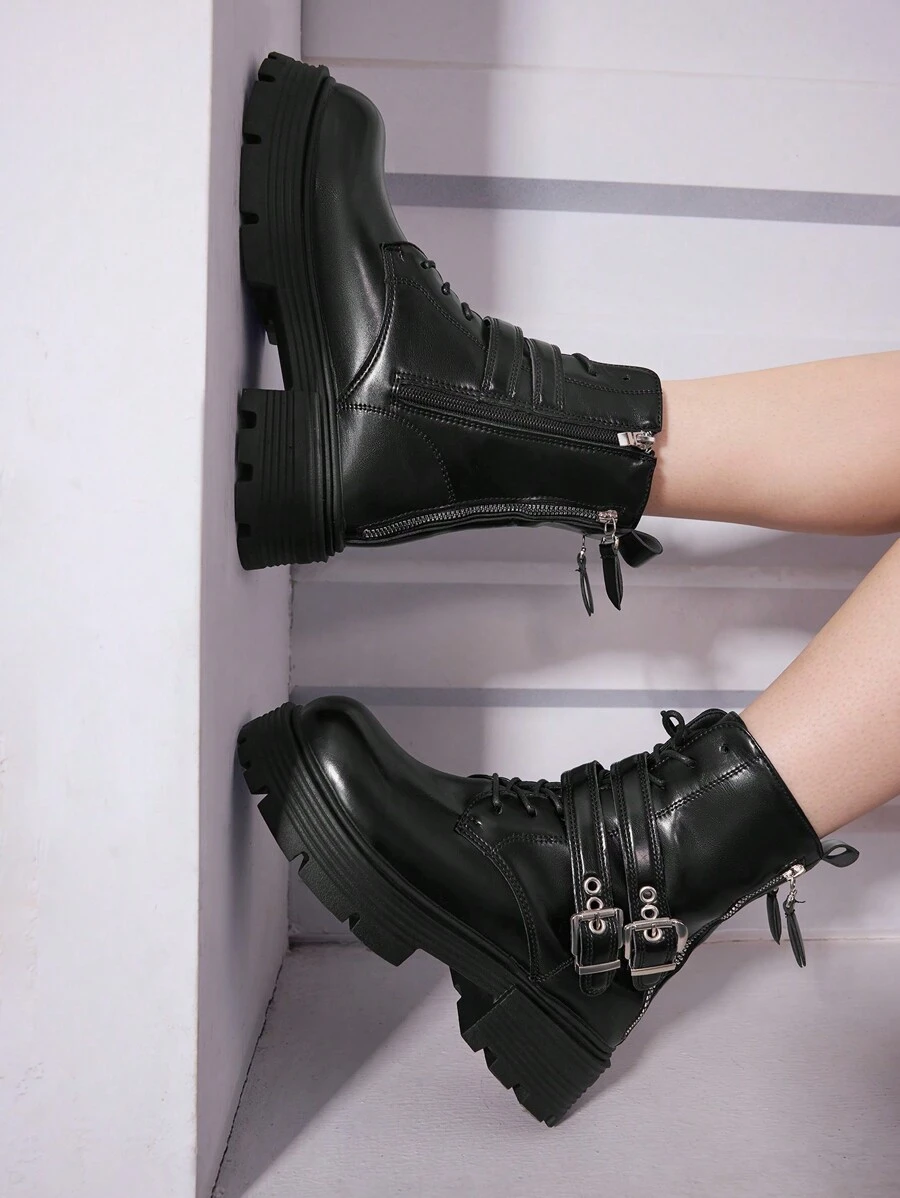Sugerpunk Women's Buckle Strap Dark Punk Round Toe Flat Heel Punk Black PU Ankle Boots, Everyday Punk Style