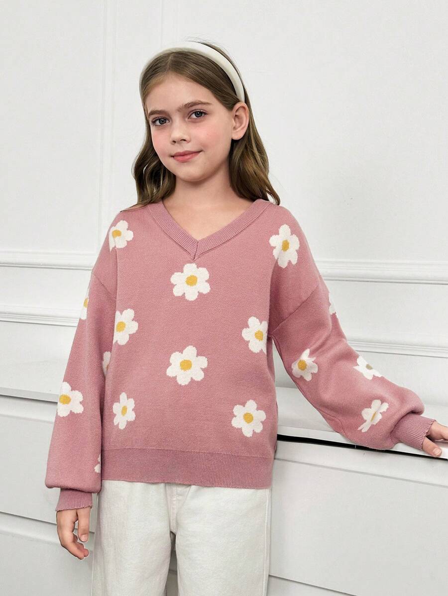 Jersey de punto con cuello en V y diseño floral intarsia informal para niñas preadolescentes