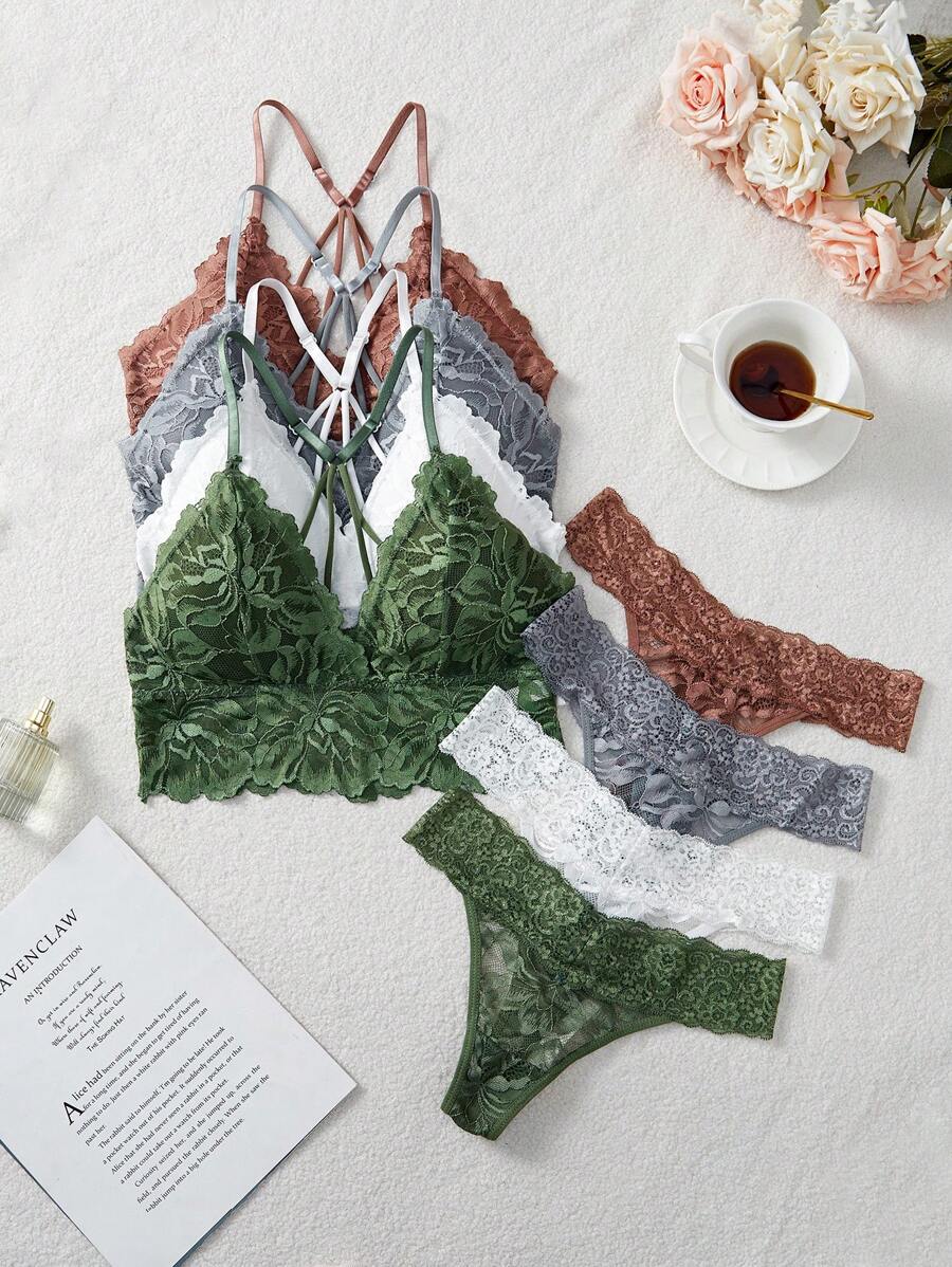 8 Peças Conjunto de Lingerie Sexy de Renda Costas Abertas SHEIN Brasil