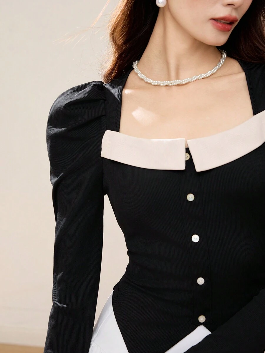 EastFlair Women Elegant Solid Black Christmas Long Sleeve Top, Korean Style Princess Sleeve Asymmetrical Hem Color Block Blouse, Winter/New Year Wear