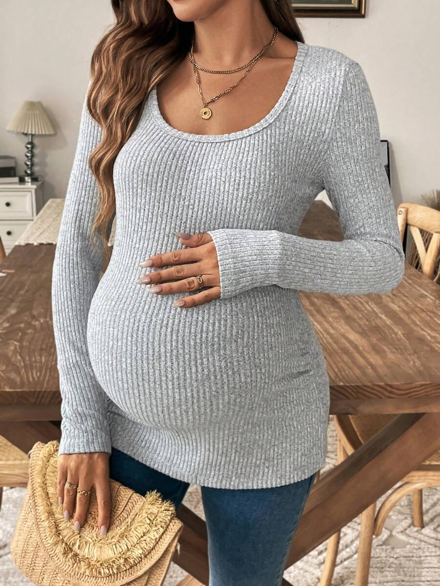 SHEIN Camiseta informal de punto de cuello redondo y manga larga de unicolor para maternidad, otoño