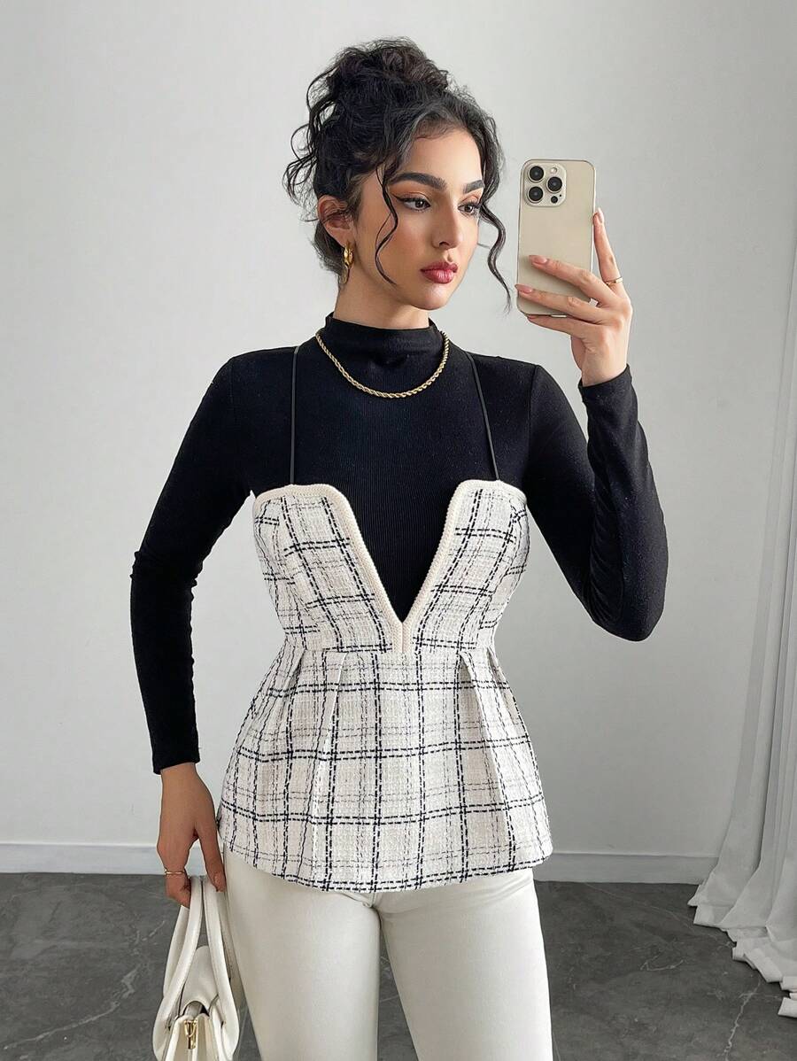 Calvaya Women's Retro Versatile Contrast Color Plaid V-Neck Ruffle Hem Tweed Precision Elegant Vest Camisole Top, Autumn/Winter New Graphic Tees Women Tops