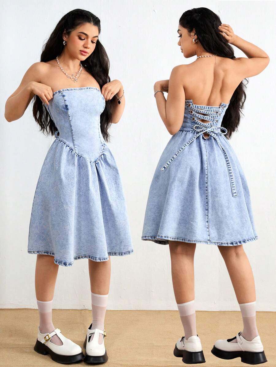 SHEIN EZwear Robe en jean tube sans dos et croisée pour femmes, lavée à la mode