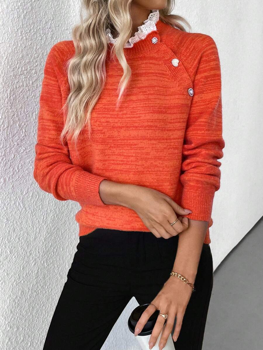 SHEIN LUNE Suéter casual para mujer con cuello redondo, bordado, volantes asimétricos, botones y mezcla de colores, para otoño/invierno