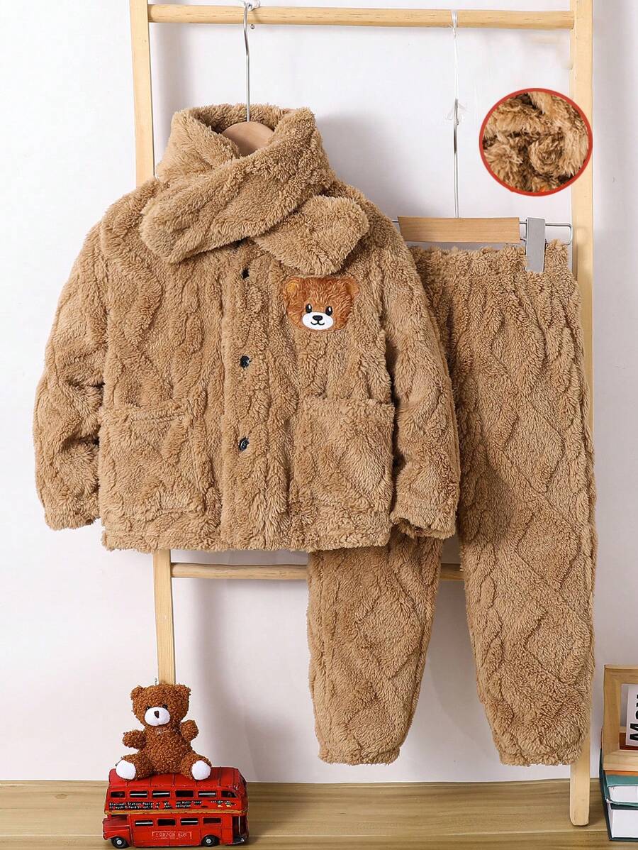 2pcs Kids Young Boy Casual Cute Bear Patch Long Sleeve Cardigan And Solid Color Straight Pants Coral Fleece 2 Pieces Outfit Set, Suitable For Commuting, School, Daily Casual, Holiday, Sportswear, Suitable For Fall, Winter Seasons
