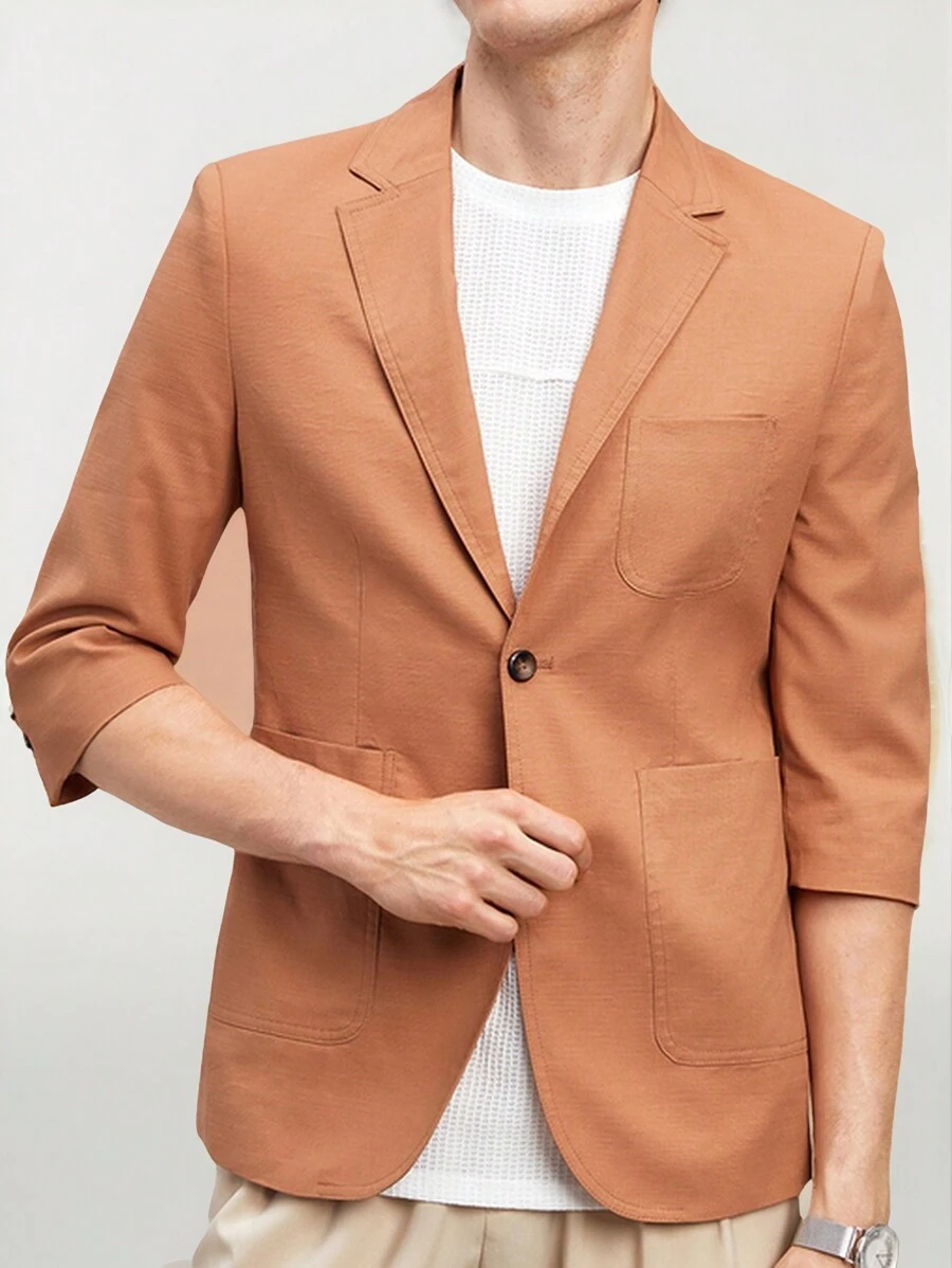 Manfinity VCAY Nueva chaqueta de traje de negocios casual ajustado de manga tres cuartos para hombres, tejido, adecuada para usar diariamente en primavera y verano.