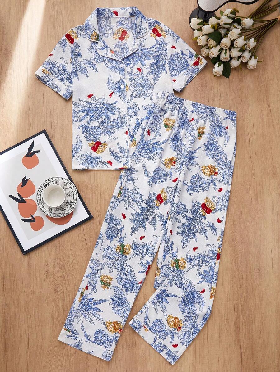 Conjunto de pijama con estampado floral y cárdigan para mujer