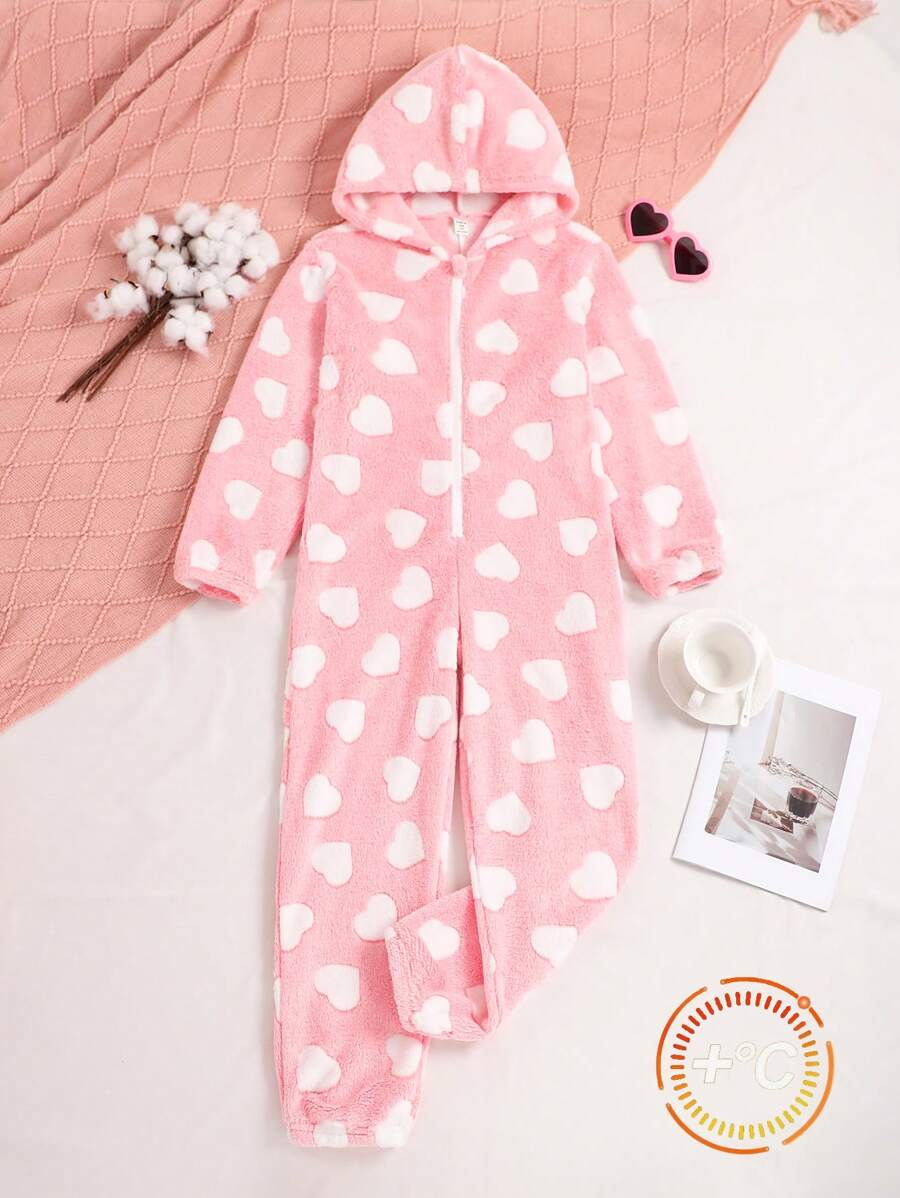 Pijama con capucha y cremallera para niñas preadolescentes con estampado de corazón grueso y forro térmico, para otoño/invierno
