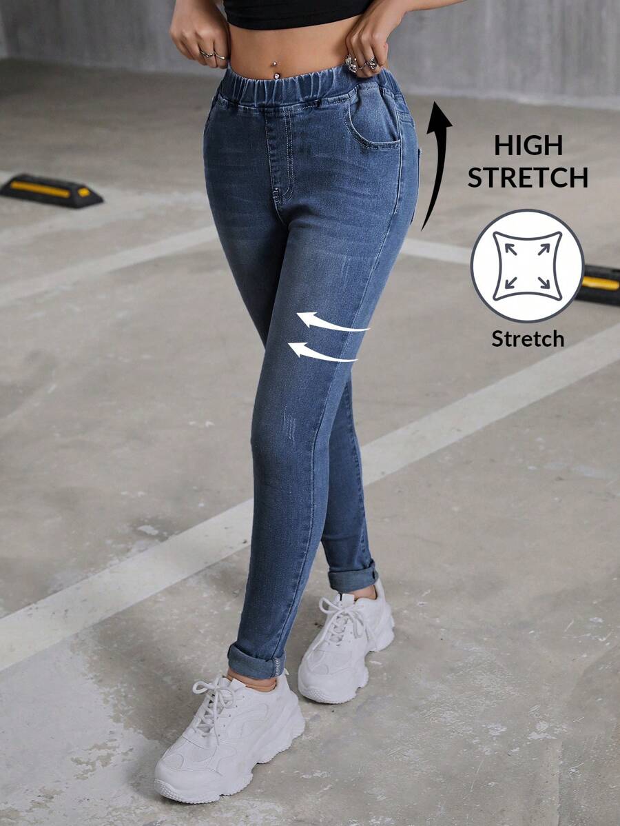 SHEIN Teen Girl Y2K Elastic Waist Insert Pocket Denim Stretch Pants,Fall Back To School Cute Clothes Outfits