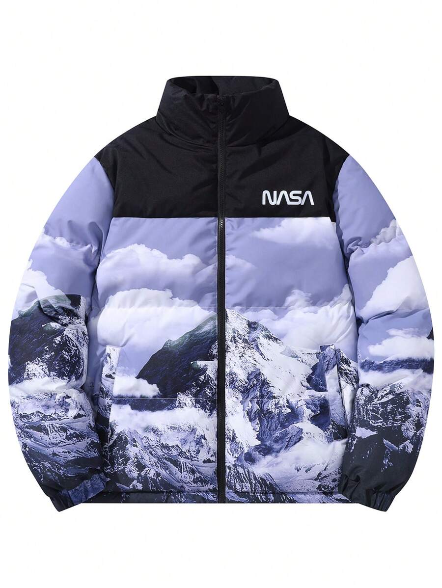 Manfinity LEGND Plus Size Men's Mountain Print Stand Collar Zip-Up Casual Padded Coat, Going Out Warm Colorful Graphic Winter Coat, For Friends, Husband, Boyfriend Gifts