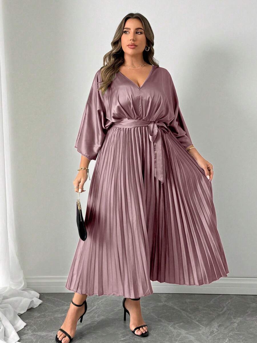 Celure Plus Size Jednolity kolor Długi rękaw Przód Wiązana Sukienka Casualowa Długa