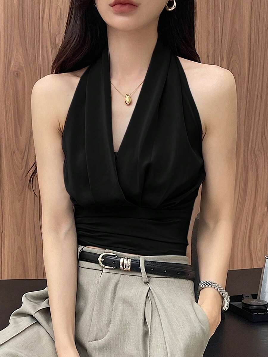 DAZY Sexy Backless Women Draped Neck Sleeveless Tank Top,Halter Top