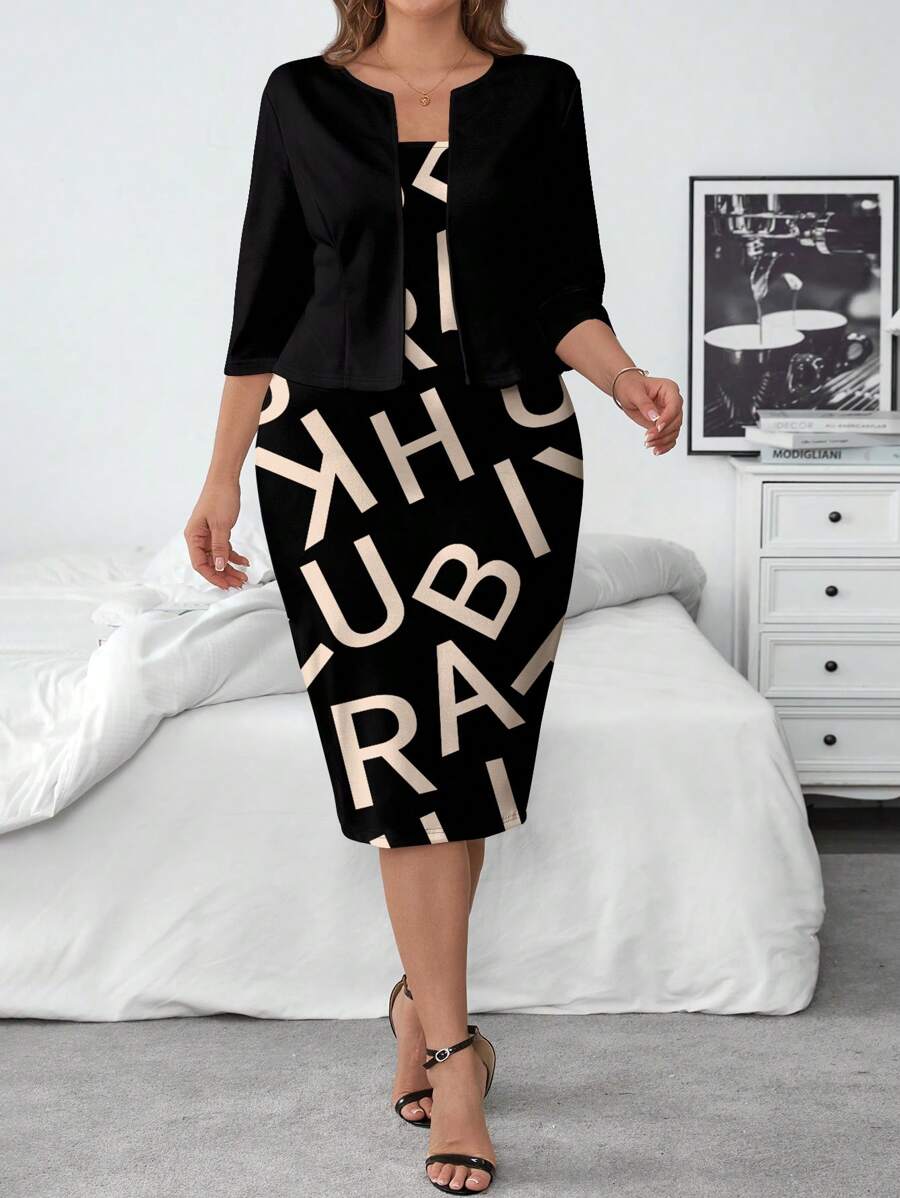 SHEIN Clasi 2pcs/Set Plus Size Simple Jacket And Dress, Casual Minimalist Outfit Suitable For Autumn/Winter