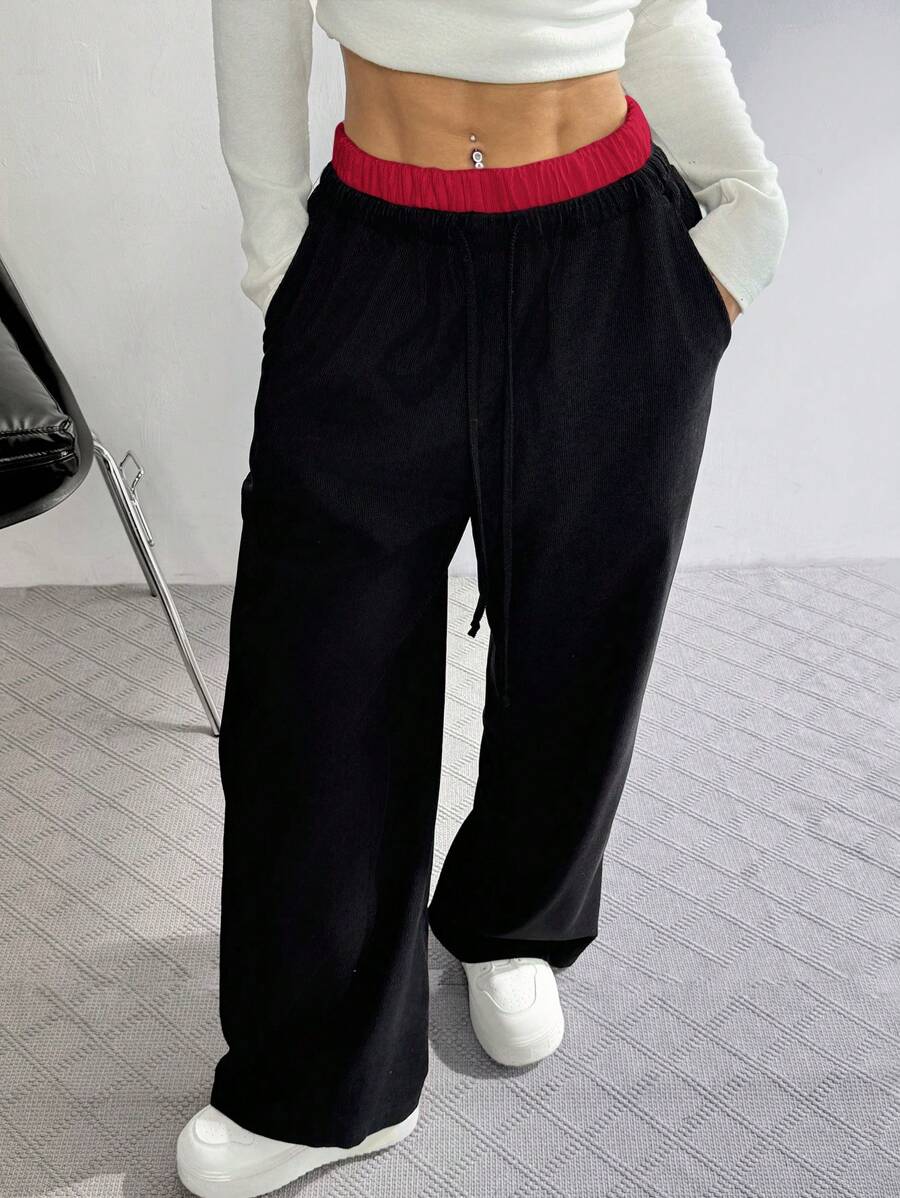 SHEIN EZwear Pantalones anchos y sueltos de mujer con bloqueo de color y cordón en la cintura, hechos de pana