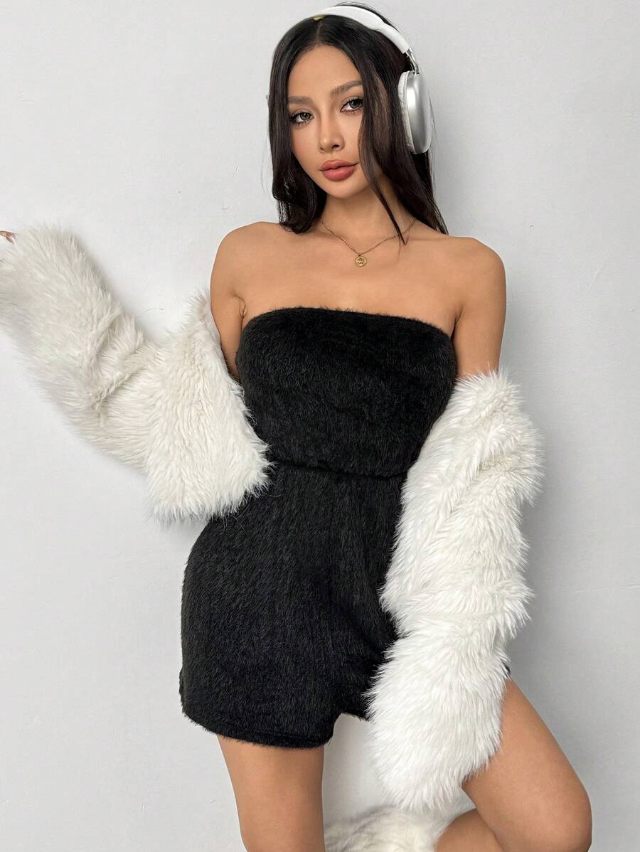 Chiquease Women's Comfortable Furry Tube Top Sexy Romper For Party, Holiday, Home Wear