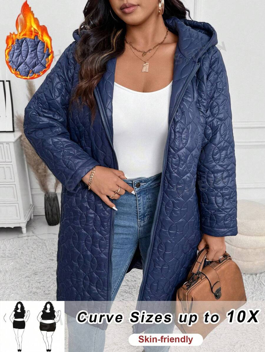 SHEIN CURVE+ Abrigo acolchado con capucha con cremallera, suelto y con longitud hasta la pantorrilla, para talla grande, para otoño/invierno