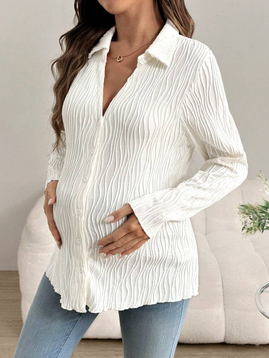 SHEIN V-Neck Textured Casual T-Shirt For Autumn, White, Maternity T-Shirt