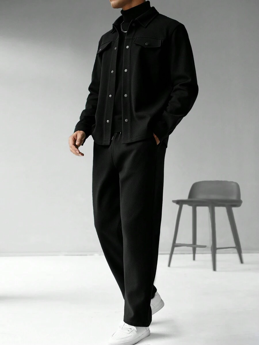 Manfinity Homme Men's Solid Color Long Sleeve Single-Breasted Casual Jacket And Pants Set
