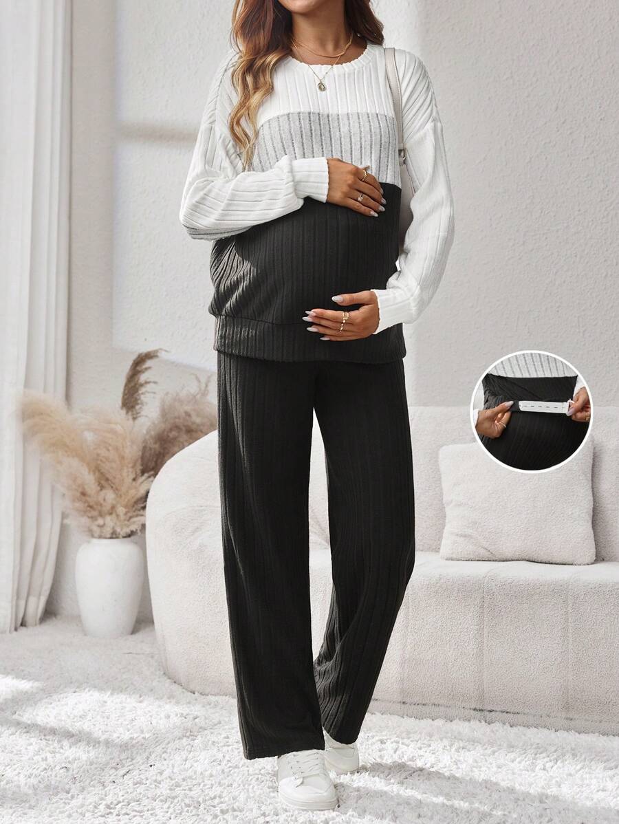 SHEIN Conjunto de 2 piezas de maternidad: Suéter de punto de color contrastante y pantalones de unicolor, casual