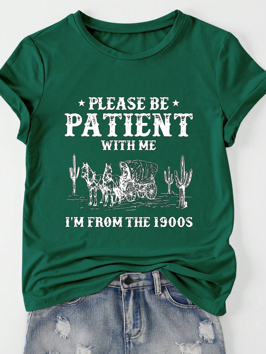 INAWLY Plus Size Comfortable Retro Round Neck Short Sleeve T-Shirt Graphic Tees Women Tops, For Summer