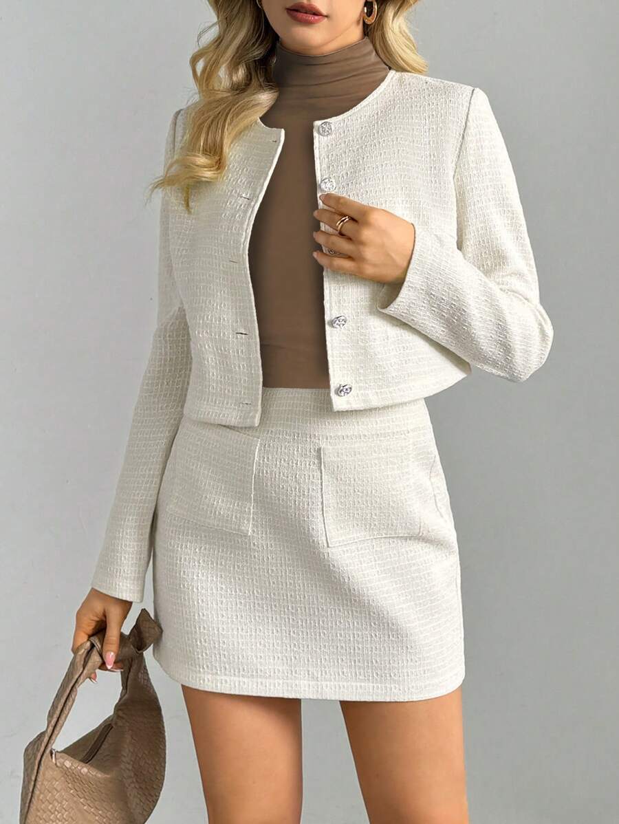 INAWLY Vrouwen Mode Elegante Effen Kleur Crop Top En Minirok Set