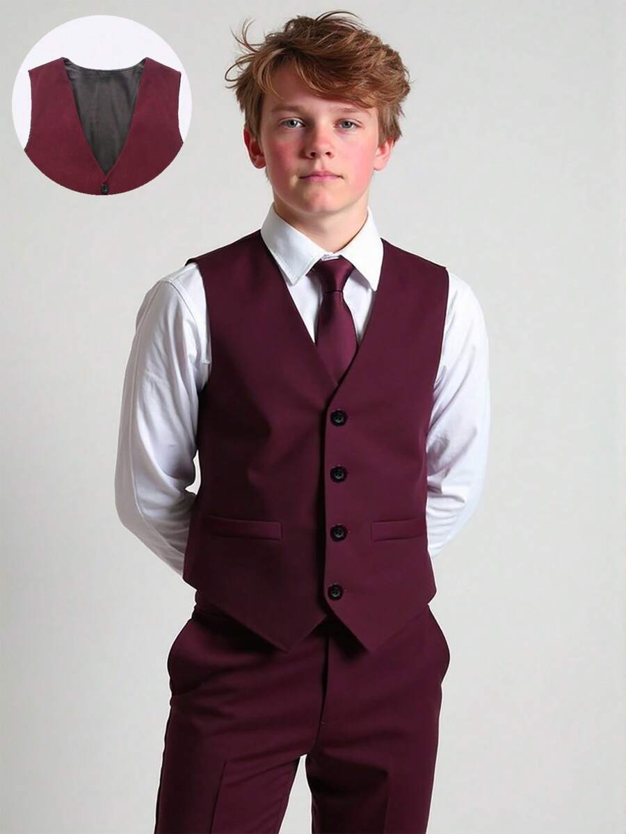 Tween Boy Gentleman 2 Pieces Set: Front Button Vest + Long Pants, No Shirt, No Accessories, Formal Suit For Birthday Party, Gathering, Wedding, Baptism, Anniversary