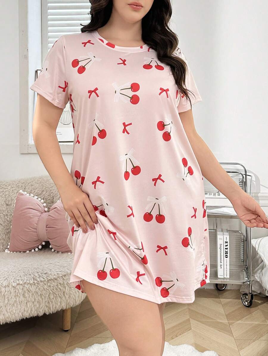 Plus Size Casual Cherry Print Short Sleeve Nightgown