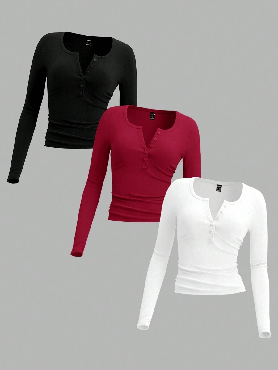 SHEIN EZwear 3pcs Plus Size Women Plain Color Knitted Button Half-Placket Long Sleeve Casual T-Shirts, Autumn/Winter