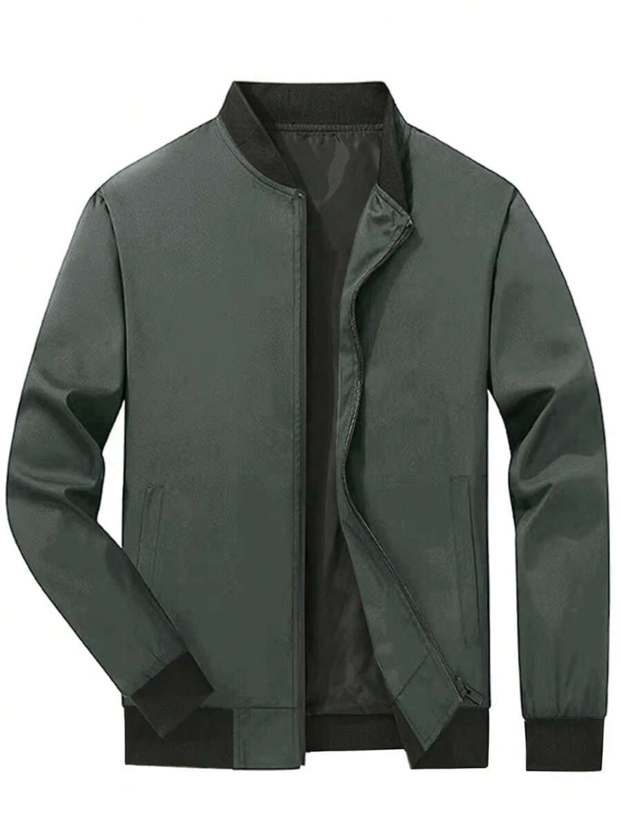 Manfinity Homme Plus Size Men Plain Color Splicing Front Zip Up Long Sleeve Casual Jacket