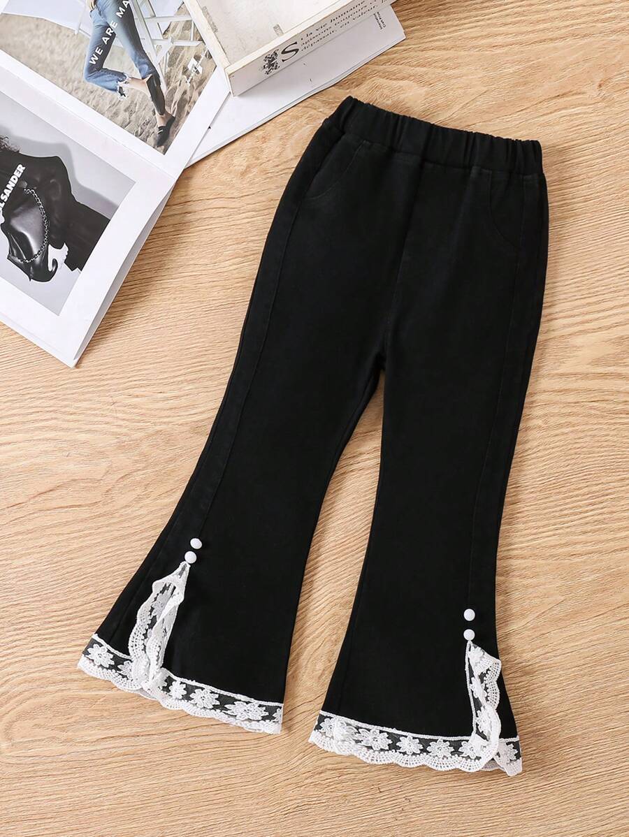Nieuwe stijl meisjes kleine kinderen peuter jonge meisjes lente herfst feest jeans, casual slim fit flare jeans met geborduurde rand decoratie, klassieke comfortabele stretch zwarte denim broek, trendy stijlvol voor jonge meisjes