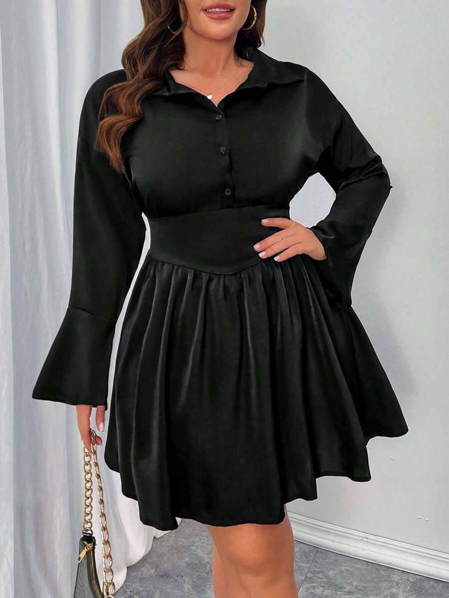 Celure Plus Size Elegant Solid Color Flared Sleeves Waist A-Line Dress