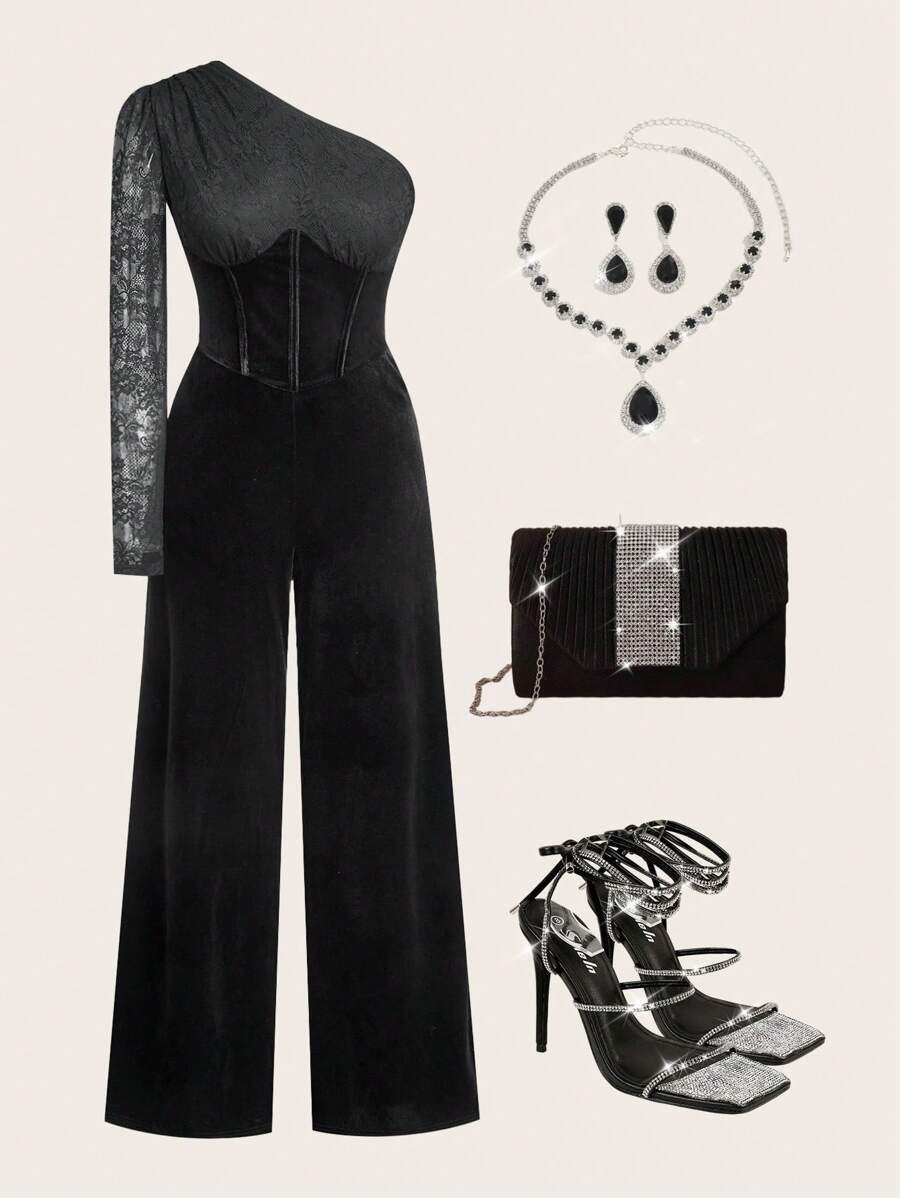 Ellevyn Elegante mono de terciopelo tableado de encaje negro de manga larga y un solo hombro para mujer, adecuado para ocasiones diversas como fiestas y reuniones