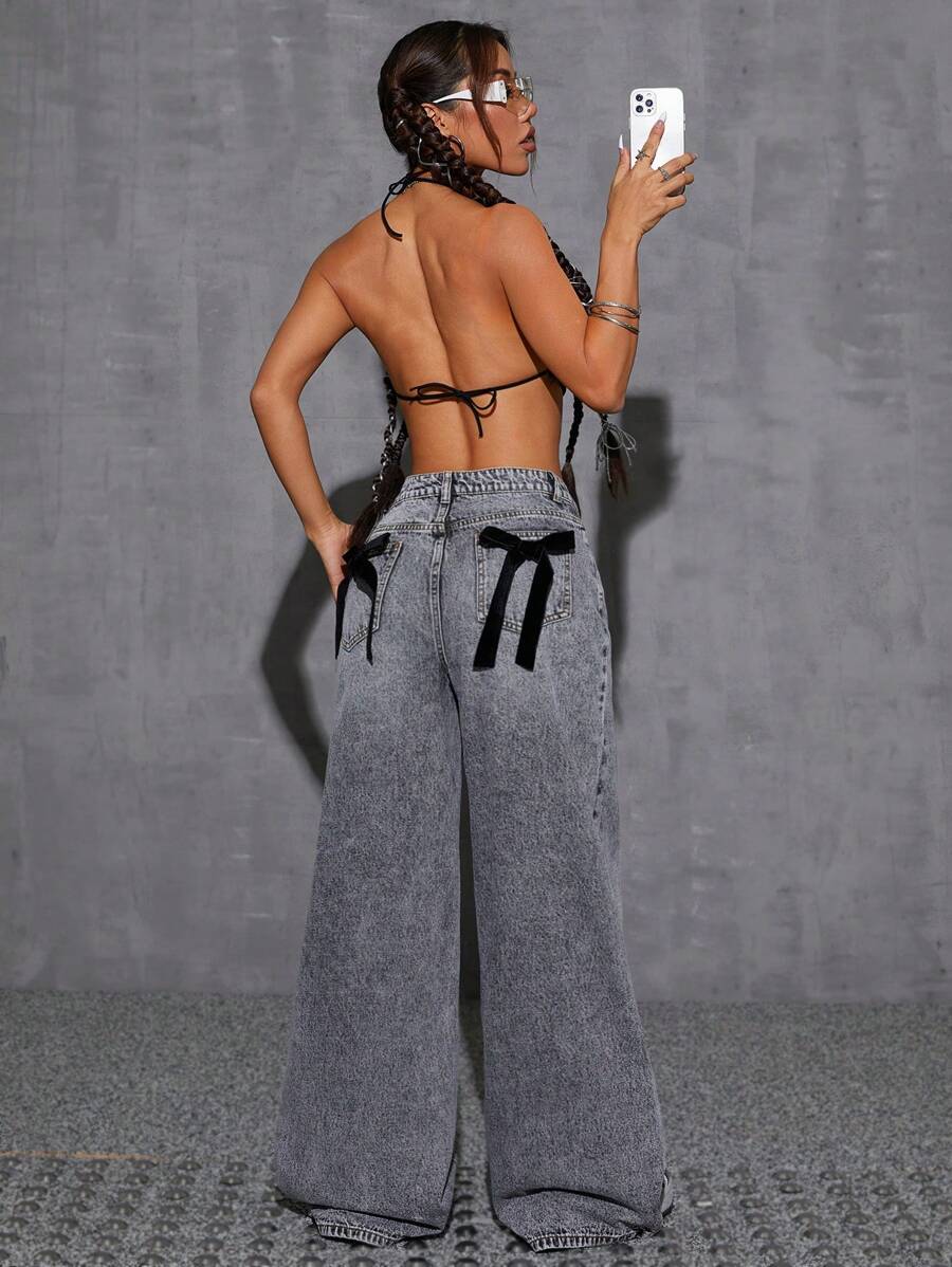 SHEIN EZwear Women's Loose Pocket Bowknot Decor Wide Leg Casual Jeans Pants