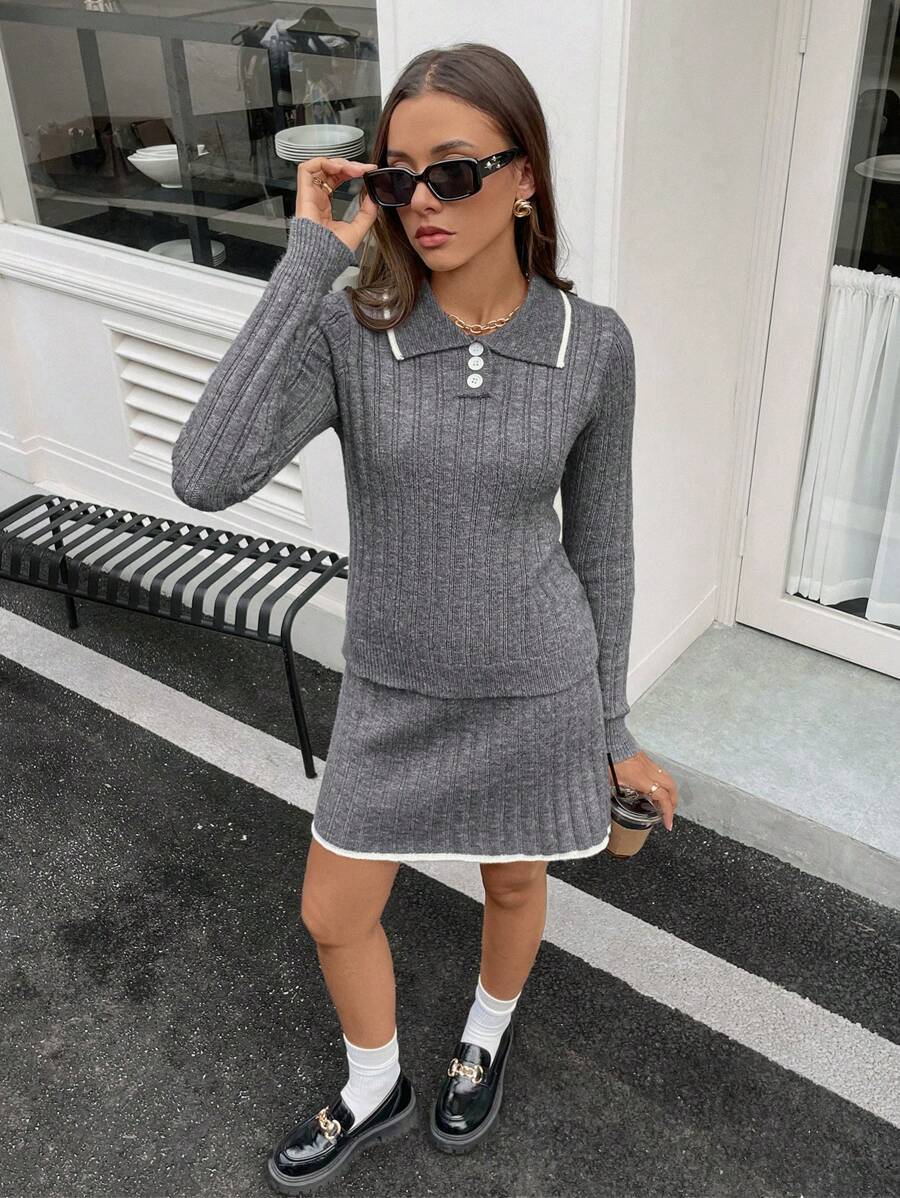Calvaya Women's 2pcs Sweater Set - Collared Long Sleeve Fitted Knit Top And Elasticated Waist Skirt