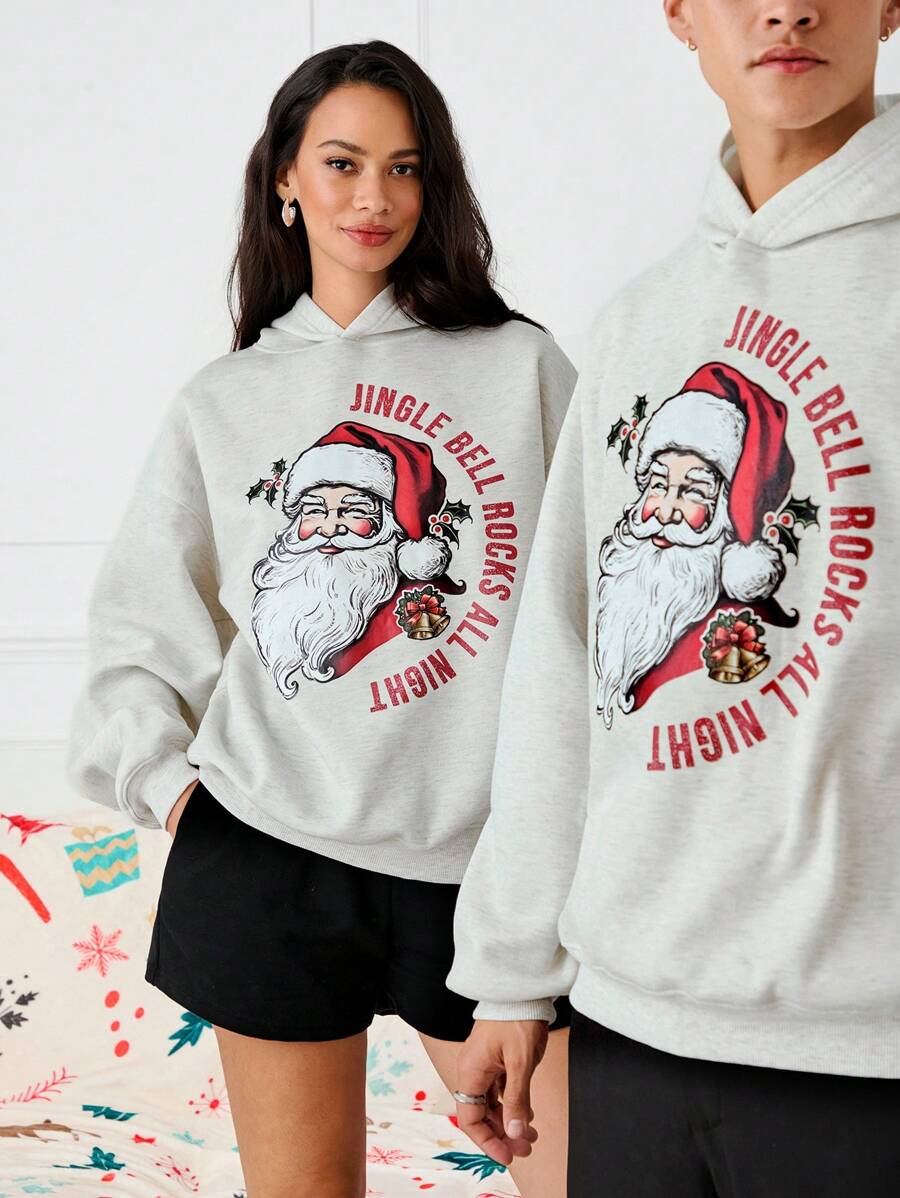 Manfinity Unisex Santa Claus Graphic Loose Drop Shoulder Hooded Sweatshirt, Suitable For Christmas Going Out, Light Grey Long Sleeve Hoodie, For Friends, Husband, Boyfriend Gifts