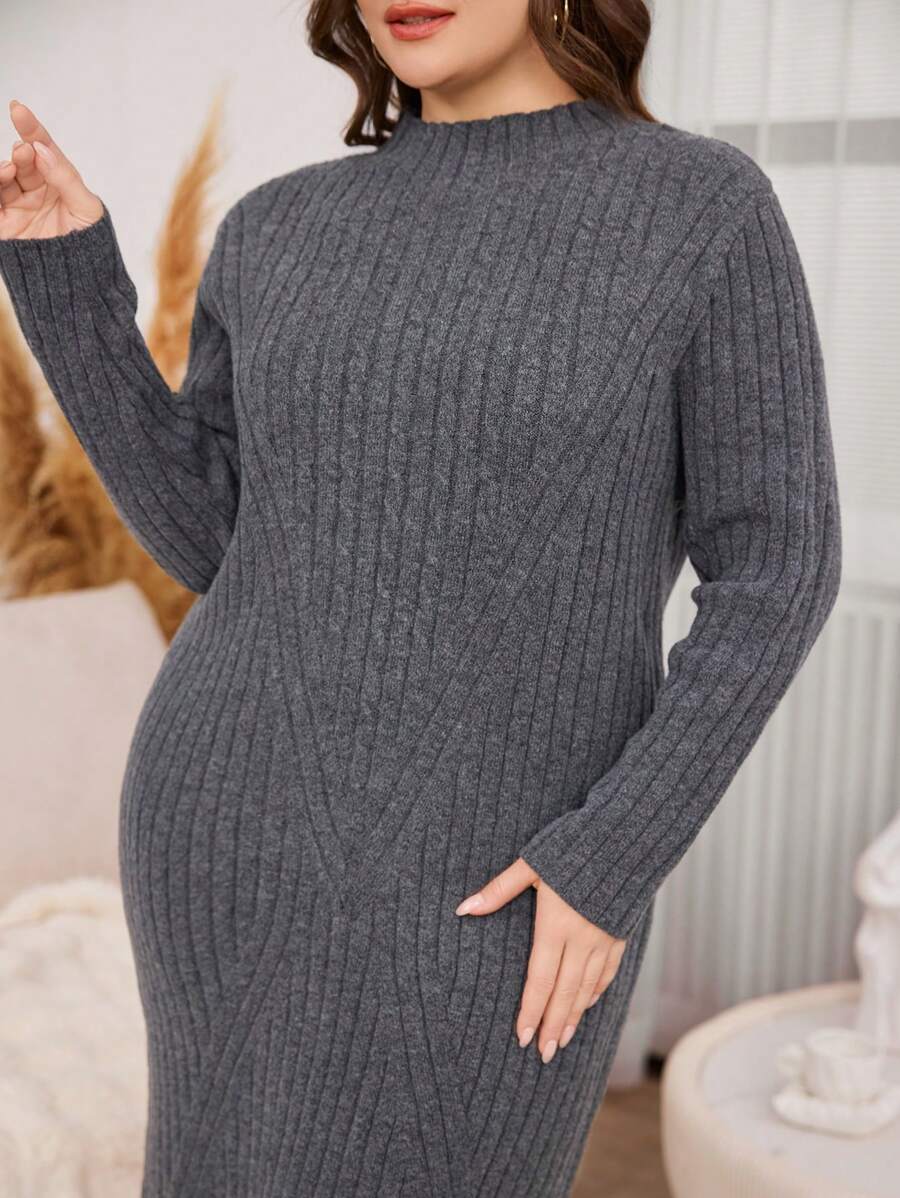 Mulvari Plus Size Solid Color Stand Collar Long Sleeve Casual Knit Dress