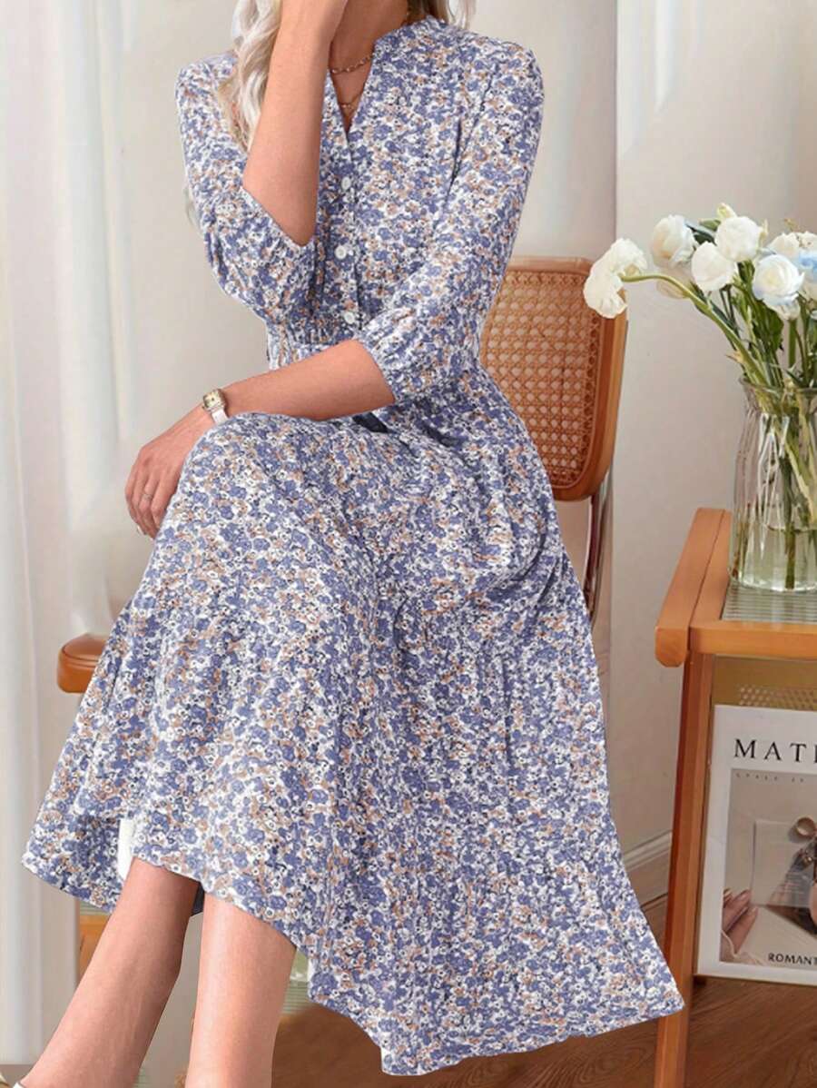SHEIN Clasi Women's Long Stand Collar Ditsy Floral Dress Maxi Women Outfit