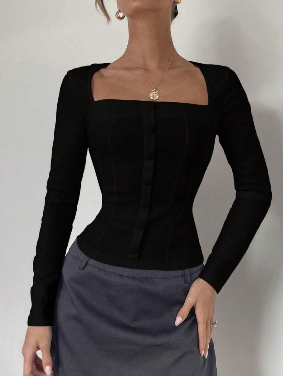 Roylia Niche Design Slim Fit Long Sleeve Square Collar Blouse