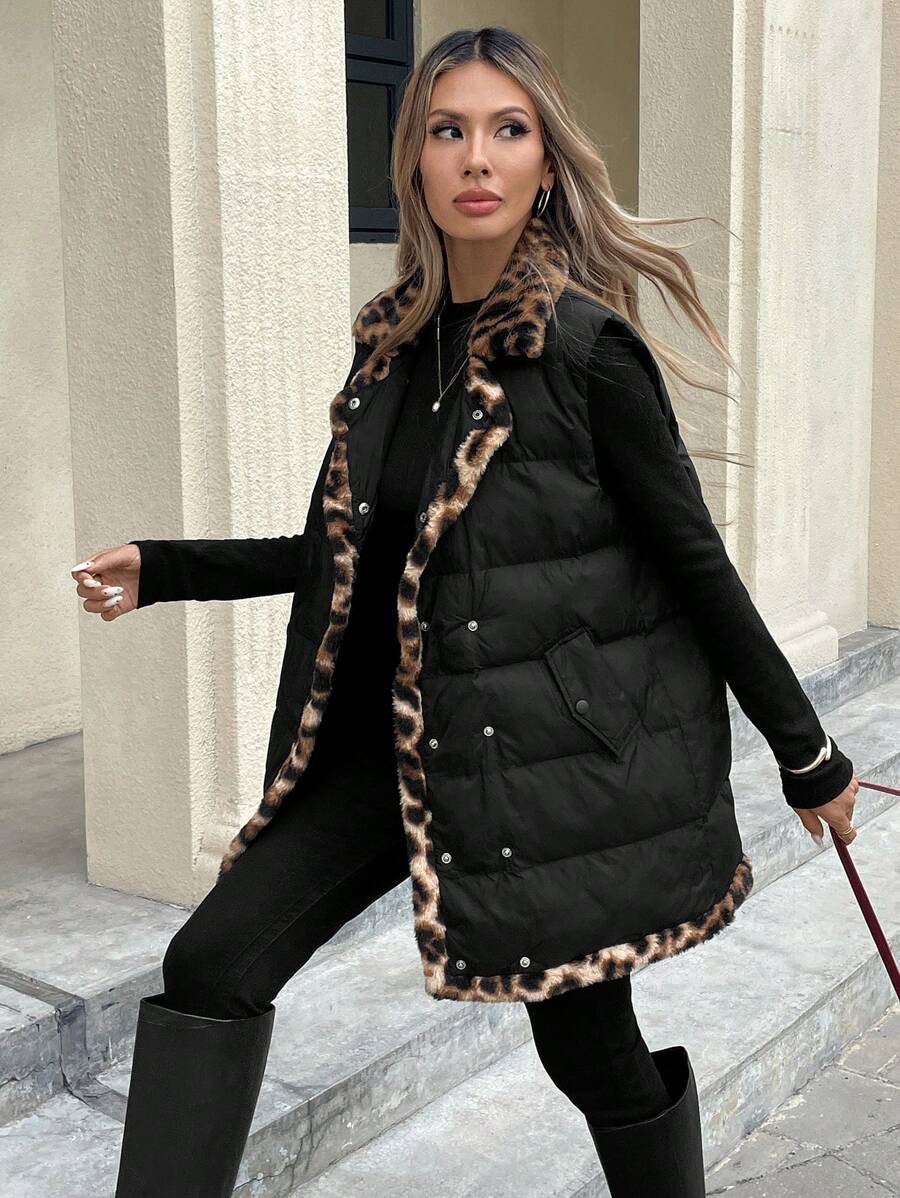 SHEIN Frenchy Women Casual All-Over Print Padded Coat, Autumn/Winter,French Print Warm Quilted Long Sleeve Jacket,Fall And Winter Winter Women Coat Black Coat