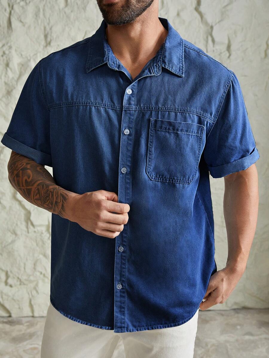Manfinity VCAY Plus Size Men's Washed Casual Fashion Short Sleeve Denim Shirt