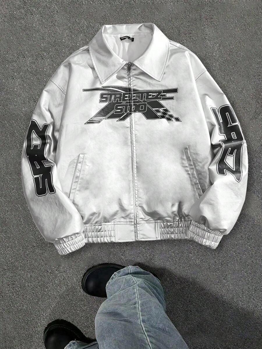 Manfinity VCAY Męska luźna kurtka ze skóry PU z nadrukiem atramentowym i długim rękawem w języku angielskim, lekka kurtka typu Going Out Vintage Silver Graphic, dla przyjaciół, męża, chłopaka