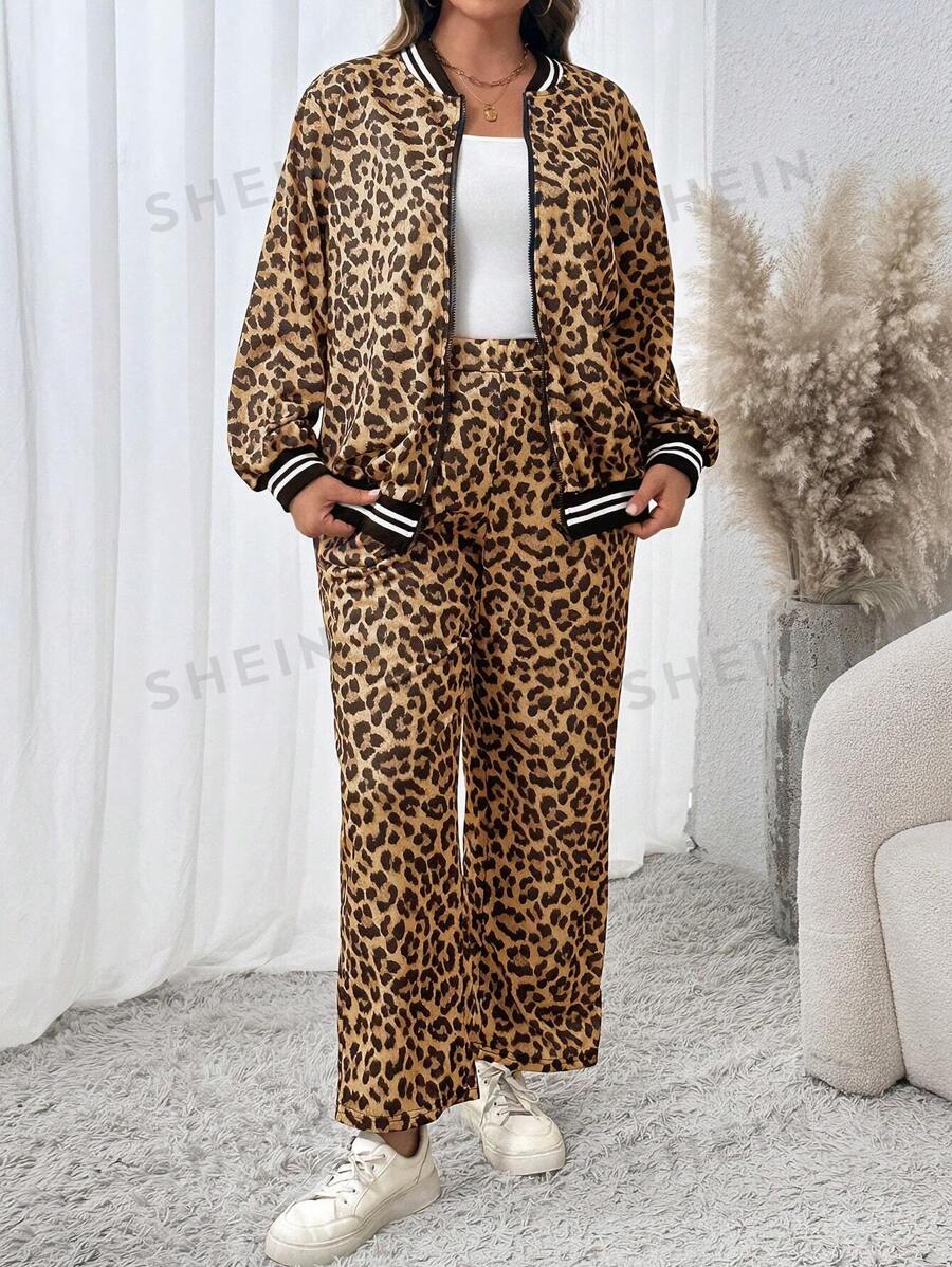 Conjunto de 2 piezas para mujer talla grande, con manga larga estampado de leopardo, moda retro estadounidense, diseño elegante, corte holgado, efecto adelgazante, atuendo versátil para otoño/invierno para ropa de fiesta de Año Nuevo
