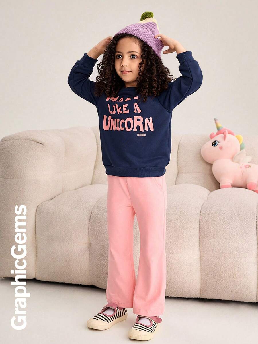 2pcs/Set Young Girl Round Neck Long Sleeve Letter Print Casual Top And Pants Set