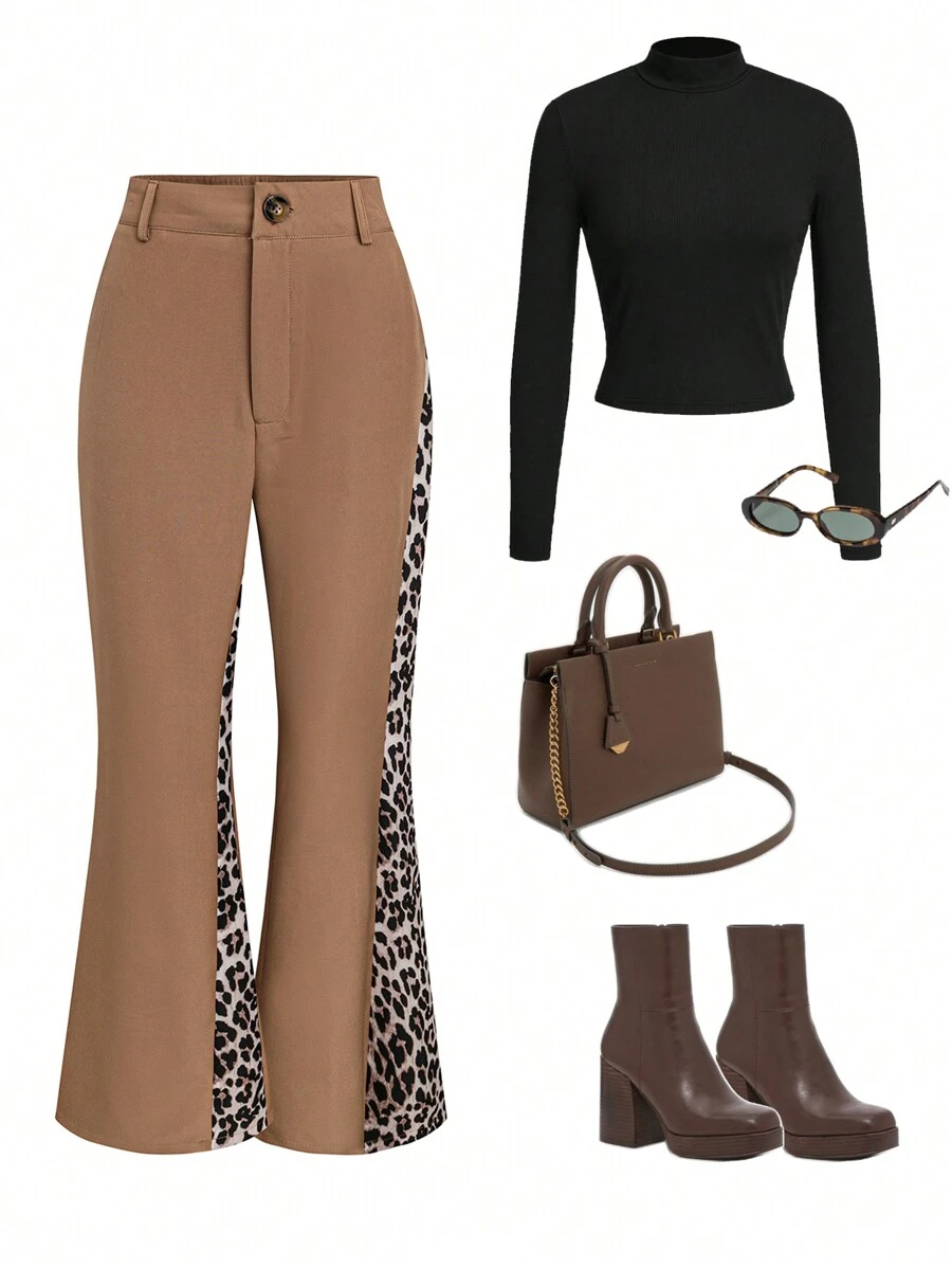 Chiquease Women's High Waist Pockets Straight Leg Pants With Leopard Print Patchwork Design, Casual Autumn/Winter