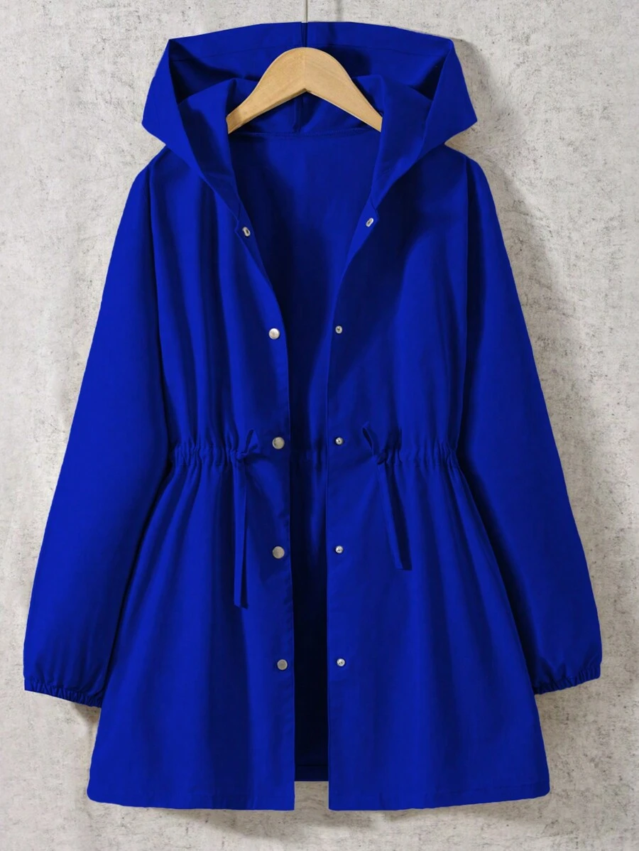 SHEIN Teen Girls' Solid Color Long Sleeve Drawstring Waist Casual Hooded Loose Jacket, Autumn
