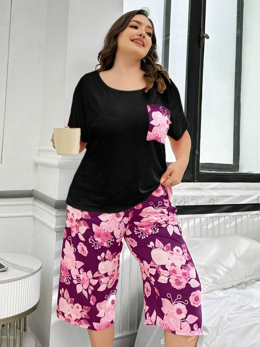 2 sztuki Plus Size Floral Print Pocket Sweter Krótki Rękaw i Spodnie 3/4 Zestaw Piżamy