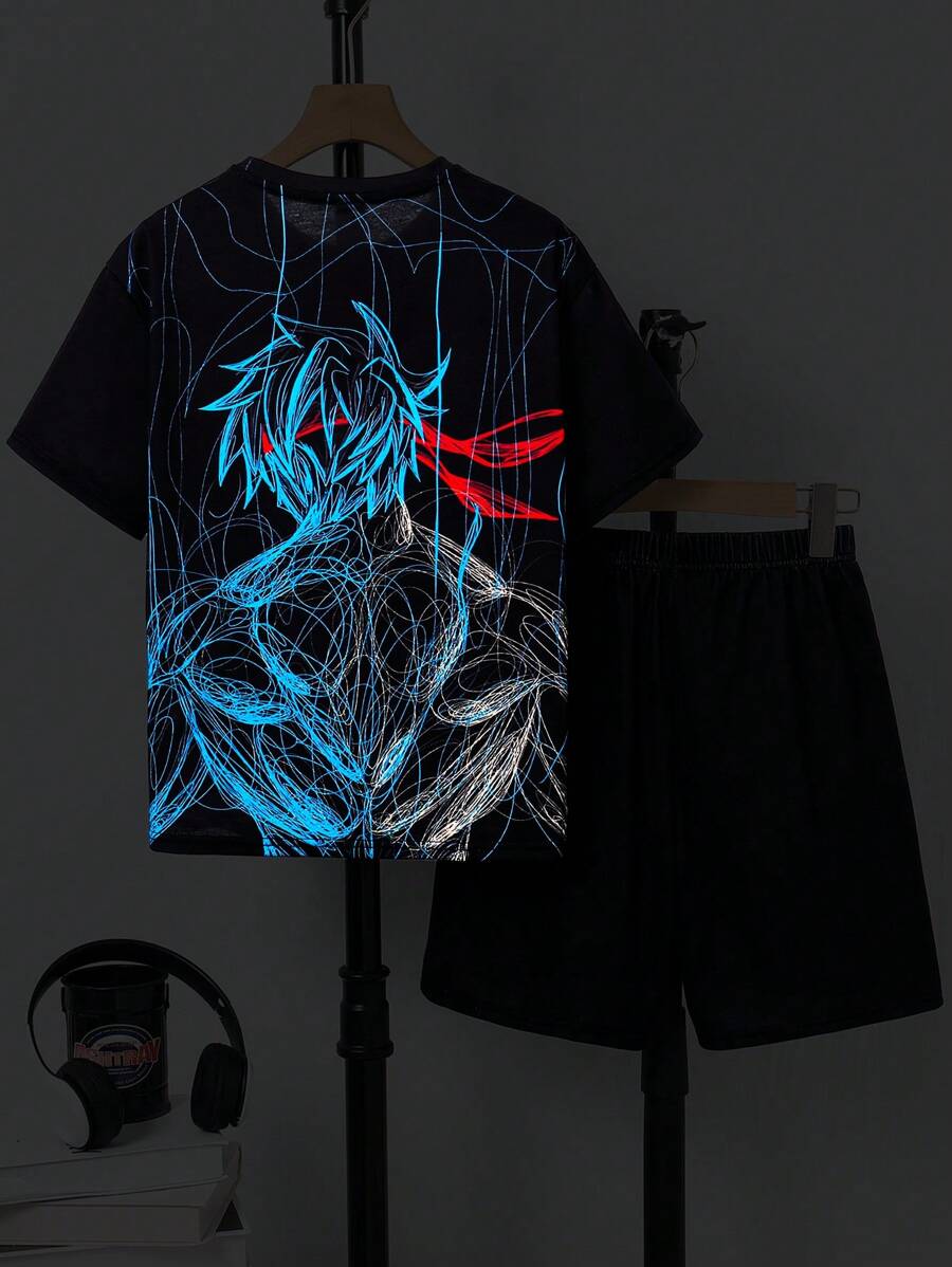 SHEIN Conjunto informal de camiseta de manga corta que brilla en la oscuridad y pantalones cortos para niño preadolescente